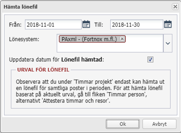 Hämta lönefil — dialog med datoperiode og lønsystem