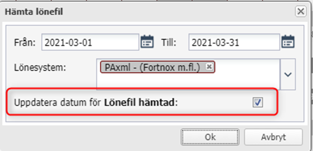 Hämta lönefil — dialog med datoperiode og lønnssystem