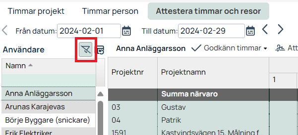 Attestera timmar och resor — filterikon markerad i användarlista