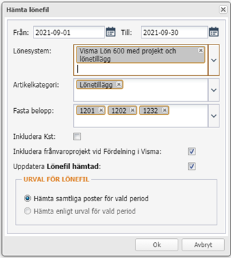 Hämta lönefil — dialog med filter for periode og lønnssystem