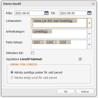 Hämta lönefil — dialog for import av lønnsfil