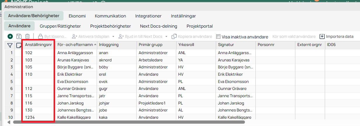 Administration — Användare/Behörigheter, användarlista med roller