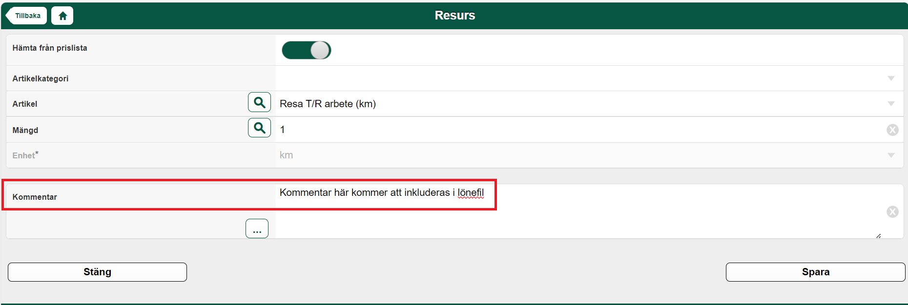 Resurs-dialog med kommentarfält markerat i rött