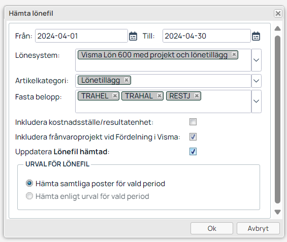 Dialog för att hämta lönefil med period och urvalsinställningar
