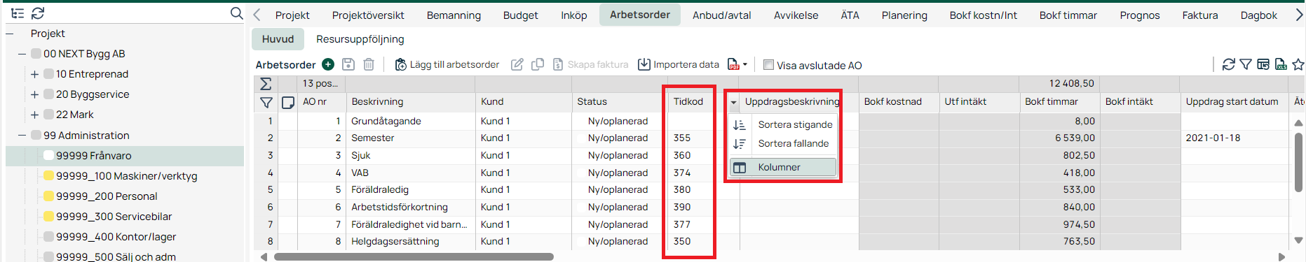 Arbetsorder-lista med kolumnmeny öppen för sortering