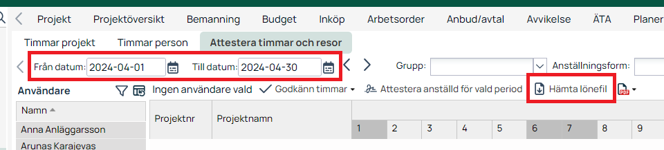 Attestera timmar och resor — Hämta lönefil markerad