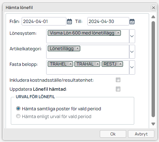 Dialog för att hämta lönefil med datumintervall och filter