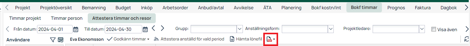Bokf timmar — Attestera timmar och resor, PDF-exportknapp markerad