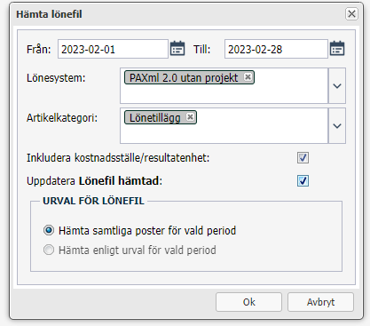 Hämta lönefil — dialog med datointervall og filtervalg