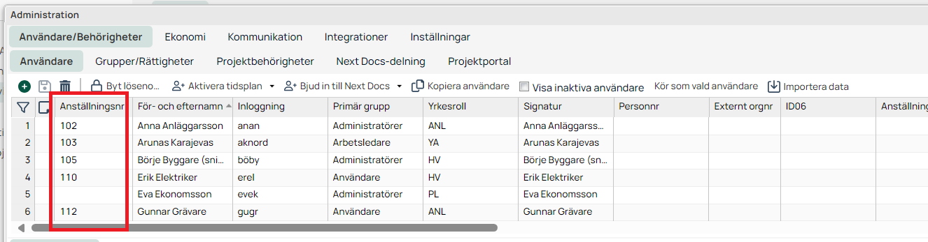 Administration — Användare/Behörigheter med användarlista