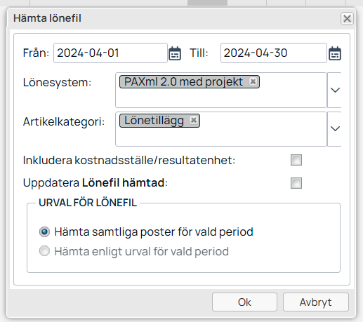 Dialog för att hämta lönefil med period och urval