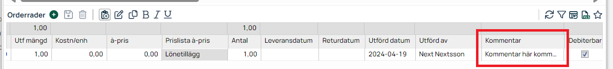 Orderrader med kommentarsfält markerat i rött