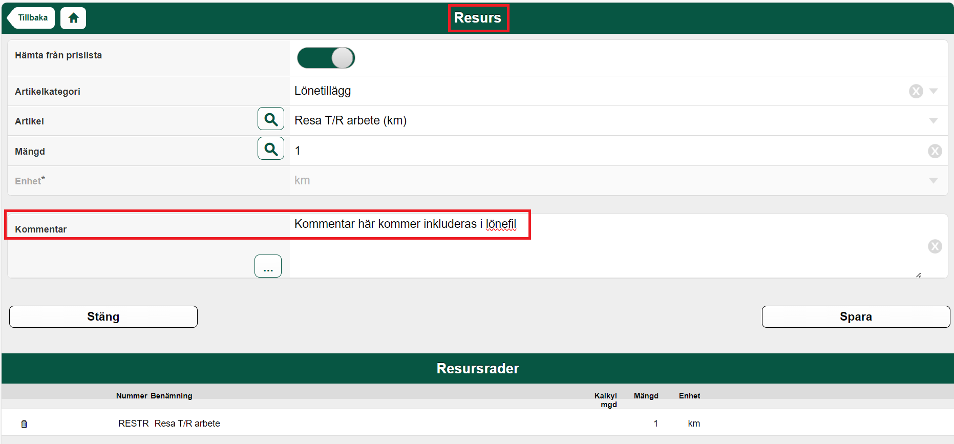 Resurs-dialog med artikelkategori och kommentarsfält