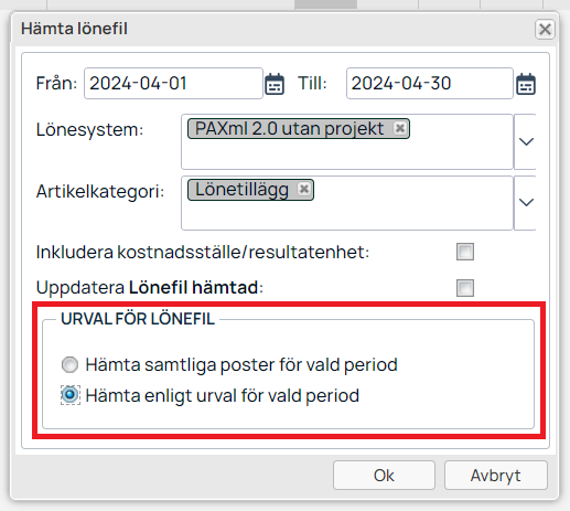 Dialog för att hämta lönefil med urvalsinställningar