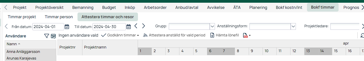 Bokf timmar — Attestera timmar och resor per period