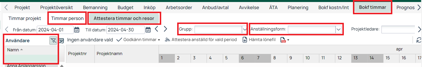 Bokf timmar — Timmar person med attestering av timmar och resor