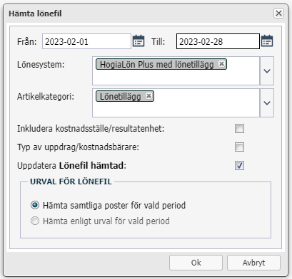 Hämta lönefil — dialog med periode, lønsystem og urval