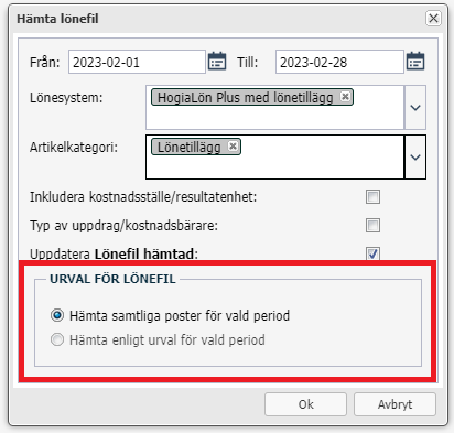 Hämta lönefil — dialog med periode og utvalgsalternativer