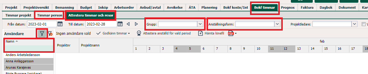 Bokf timmar — Attestera timmar och resor fane aktiv
