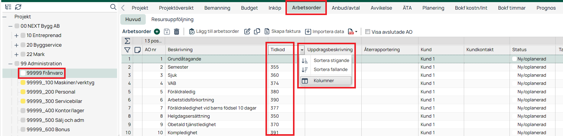 Arbetsorder-lista med kolumnsortering och filtermeny öppen
