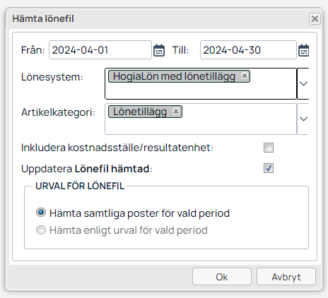 Dialog för att hämta lönefil med datumintervall och urval