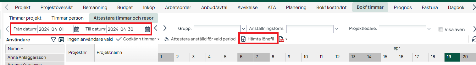 Bokf timmar — Attestera timmar och resor med datumfilter