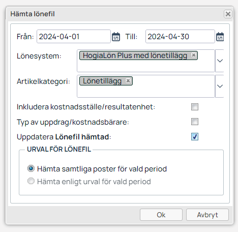 Dialog för att hämta lönefil med datumintervall och urval