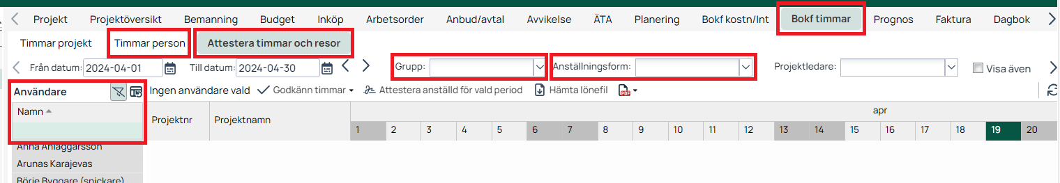Bokf timmar — Attestera timmar och resor, timmar per person