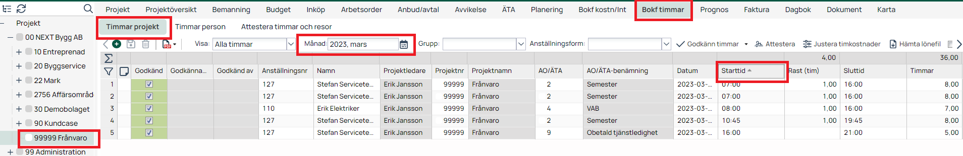 Bokf timmar — Timmar projekt, filtrera på månad och starttid