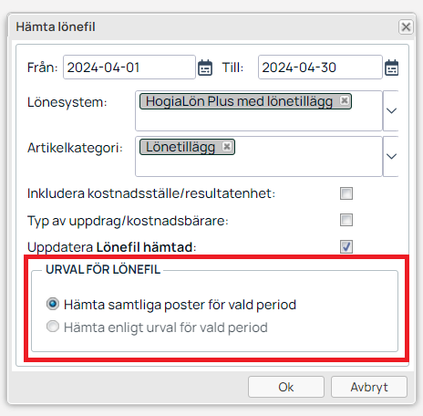 Dialog för att hämta lönefil med urvalsinställningar