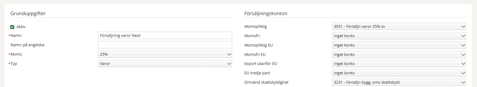 Inställningar för artikelgrupp — grunduppgifter och försäljningskonton