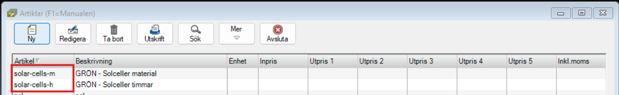 Artikelregister med lista över artiklar och priskolumner