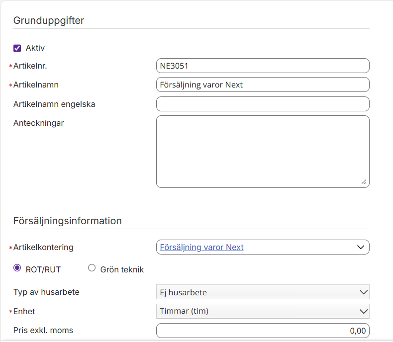 Artikelregistrering — grunduppgifter och försäljningsinformation