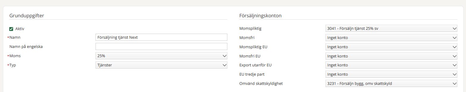 Artikelgrupp — grunduppgifter och försäljningskonton
