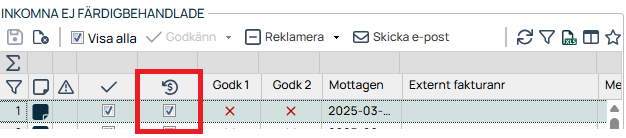 Inkomna ej färdigbehandlade fakturor — kolumnvy med statusikoner