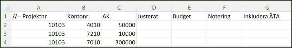 Excel-mall för budgetimport med projektkolumner