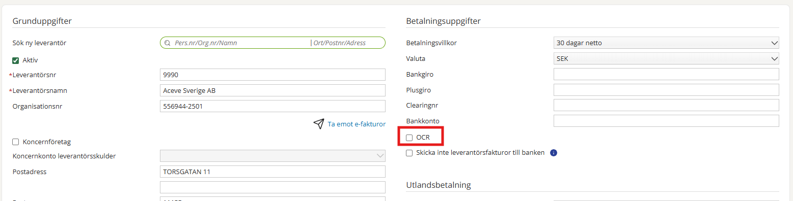 Leverantörsregister — grunduppgifter och betalningsuppgifter med OCR markerat