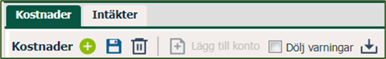 Kostnader och Intäkter flikar med verktygsfält