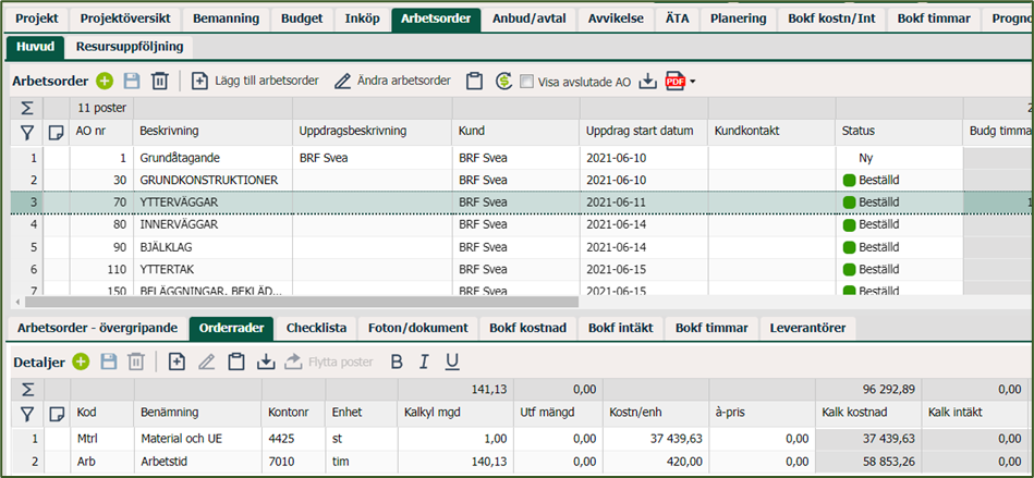 Arbetsorder-lista med orderrader och kostnadsdetaljer