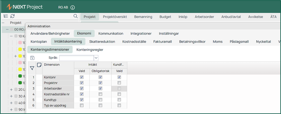 Administration — Konteringsdimensioner med vald och obligatorisk inställning