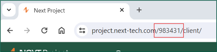 Webbläsare med Next Project URL och markerat kund-ID