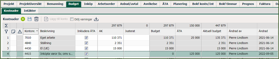 Projektbudget — kostnadsrader med konton och budgetbelopp
