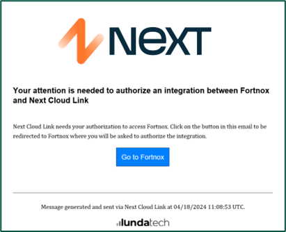 E-postmeddelande för att auktorisera integration mellan Fortnox och Next Cloud Link