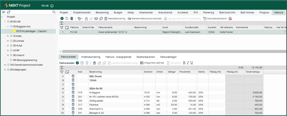Fakturasida i NEXT Project med fakturarader