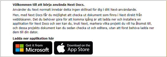 Next Docs velkomstmelding med nedlastingslenker for appen