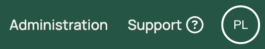 Navigeringsmeny med Administration, Support och användarprofil