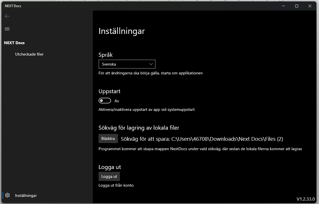 NEXT Docs — Innstillinger for språk, oppstart og fillagring