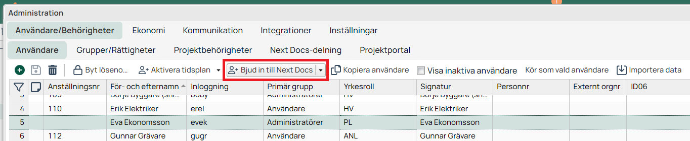 Administration — Användare/Behörigheter med knappen Bjud in till Next Docs