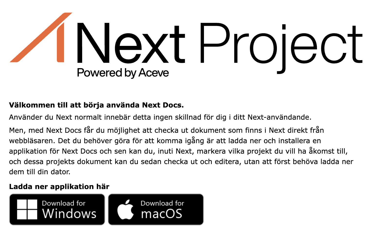 Next Project — välkomstsida för Next Docs med nedladdningslänkar