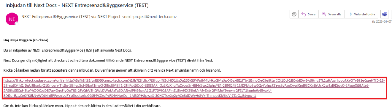 E-postinvitasjon til Next Docs med aksepteringslenke